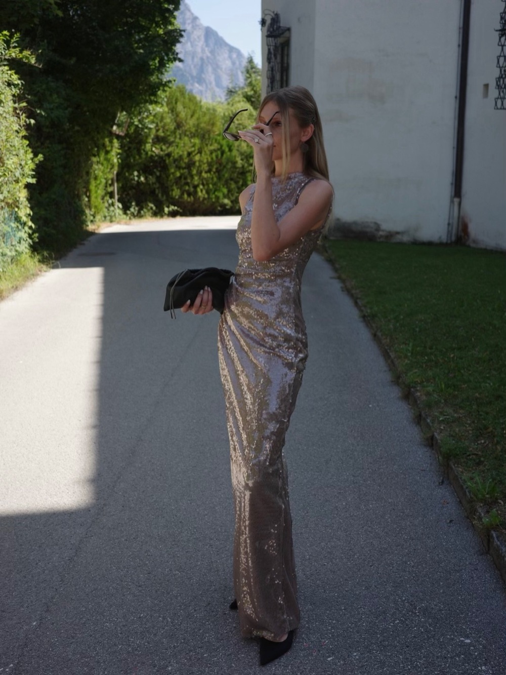 Sleeveless Taupe Sequin Maxi Dress - Women's Formal Gown